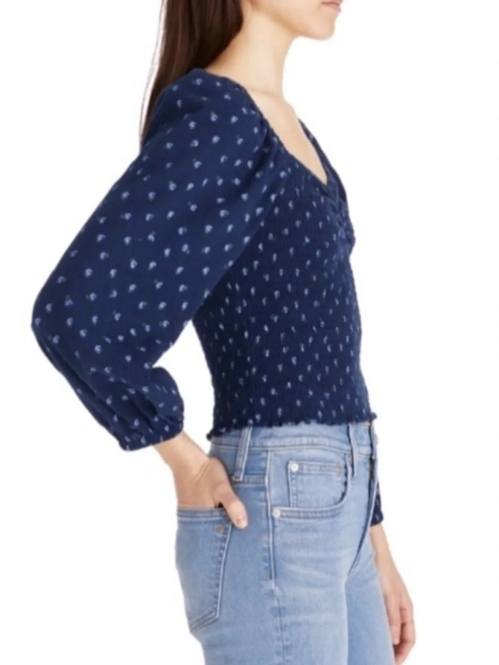 NEW Madewell Lucille Smocked Balloon Sleeve Top in Indigo Ditsy Floral Print